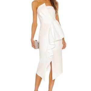 Elliatt Strapless White Ruffle Midi Dress